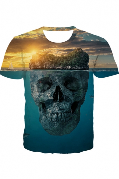 Funny 3D Skull Island Print Basic Short Sleeve Blue Unisex T-Shirt