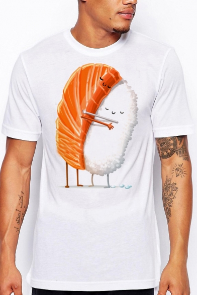 Funny Cute Cartoon Sushi Hug Print White Short Sleeve T-Shirt