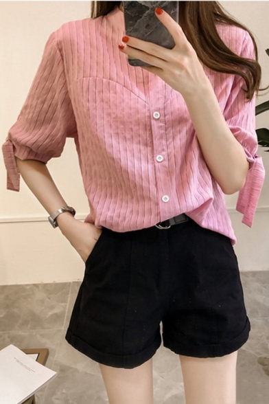 Girls Basic Simple Vertical Striped Print Stand Collar Loose Casual Button Shirt