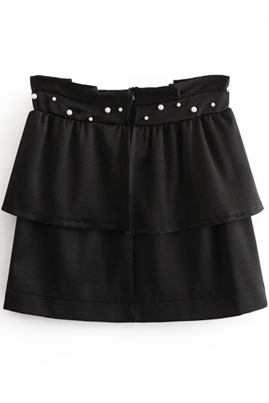 Girls Chic Beading Embellished Waist Black Mini A-Line Skirt