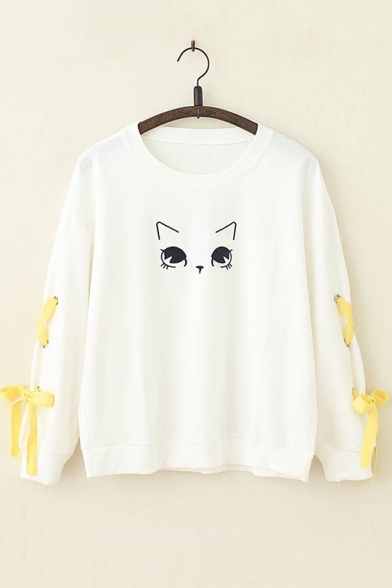 Girls Cute Cartoon Cat Letter Embroidery Round Neck Tied Long Sleeve Casual White Sweatshirt
