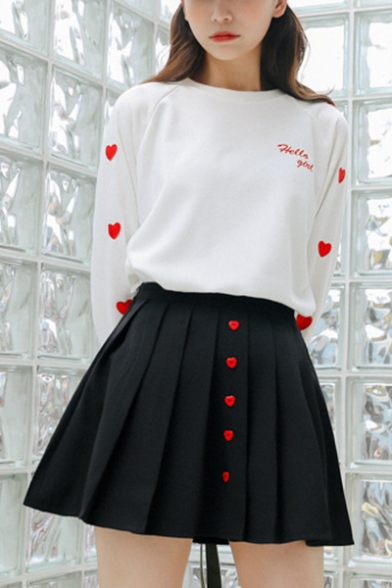 Girls Cute Sweet Heart Embroidery Long Sleeve Casual Loose Sweatshirt