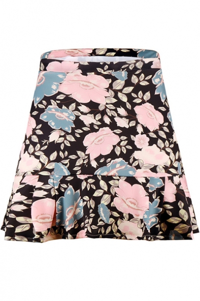 Girls Summer Chic Floral Printed Mini A-Line Ruffled Skirt
