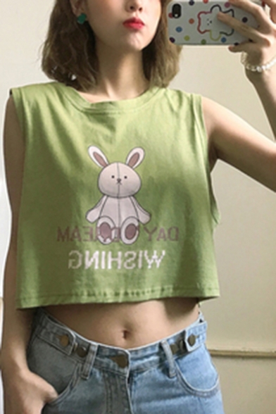Girls Summer Cute Cartoon Rabbit Doll Print Round Neck Sleeveless Crop Tank Top