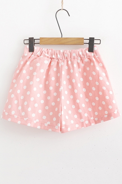 Girls Summer Fashion Drawstring Waist Polka Dot Printed Leisure Linen Shorts