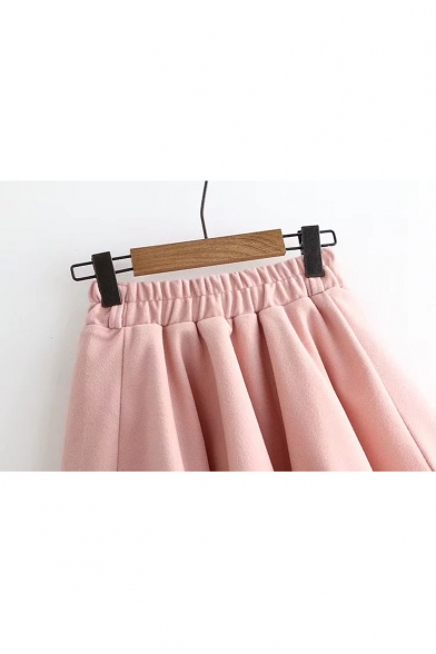 Girls Summer Peach Embroidery Elastic Waist Plain Pleated Wool Mini Skirt