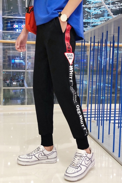 Guys New Fashion Letter Printed Tape Side Black Casual Relaxed Tapered Pants