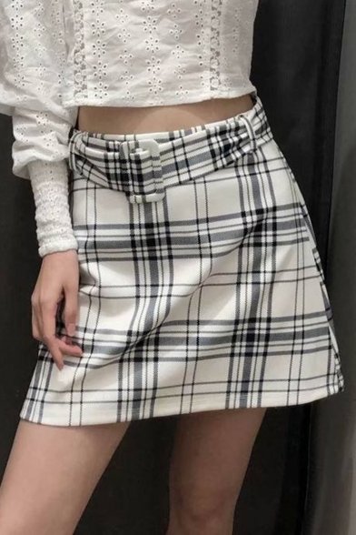 Hot Fashion Check Print Belt Waist A-Line Mini Spring Skirt for Women