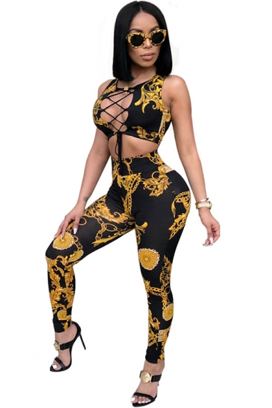 Hot Fashion Sleeveless Cutout Black Floral Leaf Print Skinny Jumpsuits for Girls