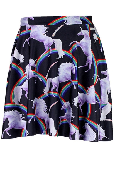 Hot Stylish Black Rainbow Horse Print Elastic Waist Skater Skirt for Women