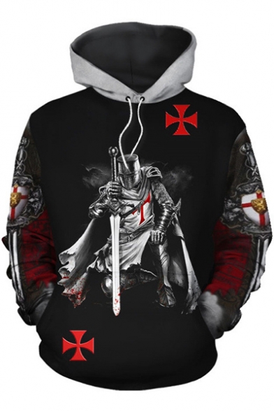 Knights Templar Fashion Cool Cross Figure Print Black and White Hoodie