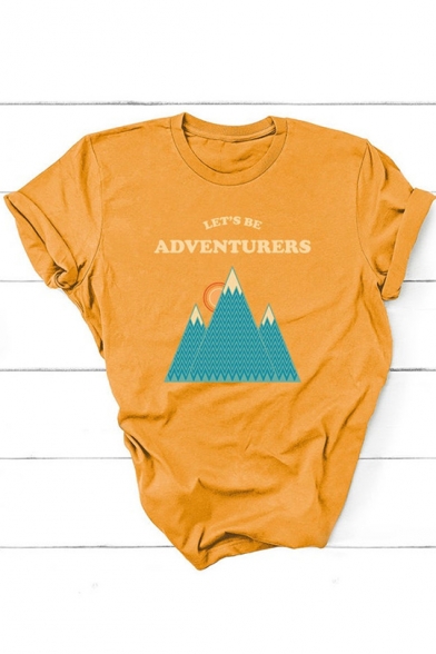 LET'S BE ADVENTURERS Letter Mountain Print Short Sleeve Loose Tee