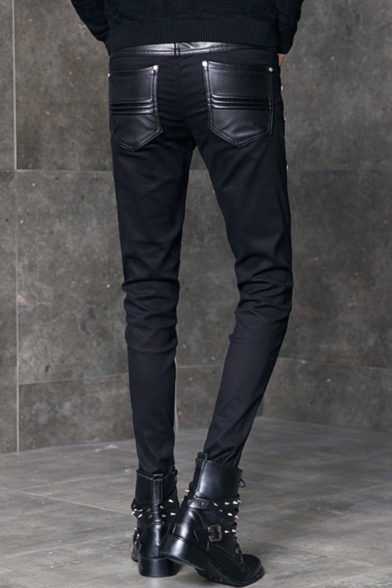 Men's Cool Fashion Solid Color Crisscross Detail Black Leather Biker Pants Pencil Pants