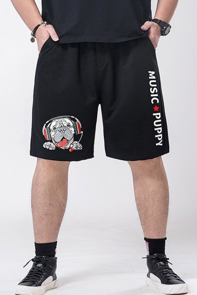 Men's Fashion Cartoon Cat Letter MUSIC PUPPY Printed Black Cotton Casual Relaxed Sweat Shorts