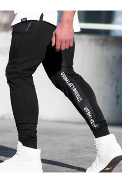 Men's Fashion Letter Printed Zipped Pocket Slim Fit Casual Cotton Sports Joggers Pencil Pants