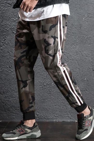 Men's Fashion Popular Camouflage Printed Letter GOOD Striped Side Drawstring Waist Dark Green Casual Track Pants