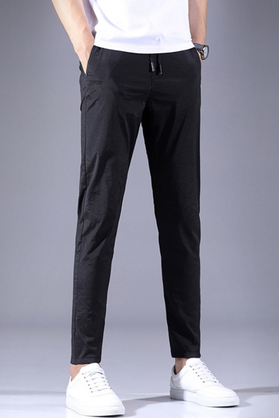 Men's Fashion Simple Plain Drawstring Waist Slim Fit Thin Cotton Casual Pants