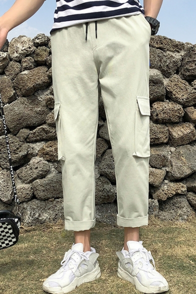 Men's Fashion Simple Solid Color Flap Pocket Drawstring Waist Cotton Casual Straight Cargo Pants
