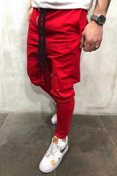 Men's Fashion Solid Color Zipper Embellishment Drop-Crotch Drawstring Waist Joggers Hip Hop Harem Pants
