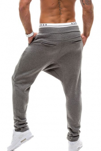 Men's Hot Fashion Solid Color Zipper Embellished Baggy Low Crotch Harem Pants with Side Pockets