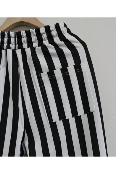 Men's New Fashion Colorblocked Stripe Pattern Black and White Skinny Pencil Pants
