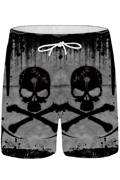 Men's Popular Fashion 3D Skull Printed Drawstring Waist Black Relaxed Casual Shorts