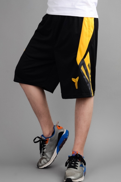 Men's Popular Fashion Colorblock Logo Printed Elastic Waist Black Casual Loose Basketball Shorts