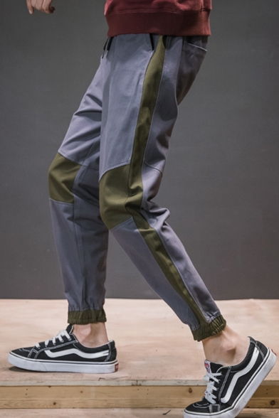 Men's Popular Fashion Colorblock Stitching Drawstring Waist Elastic Cuffs Casual Tapered Pants