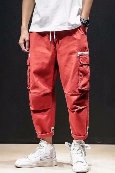 Men's Popular Fashion Contrast Flap Pocket Side Drawstring Waist Straight Loose Cargo Pants