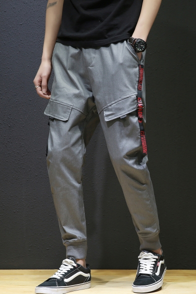 Men's Popular Fashion Letter Ribbon Embellished Grey Casual Cargo Pants