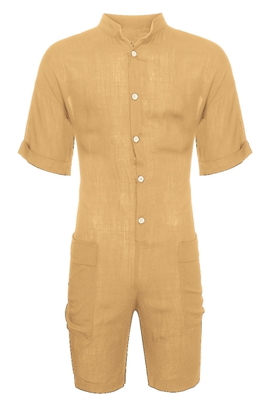 Men's Simple Plain Stand Collar Short Sleeve Button-Down Casual Leisure Rompers with Pockets