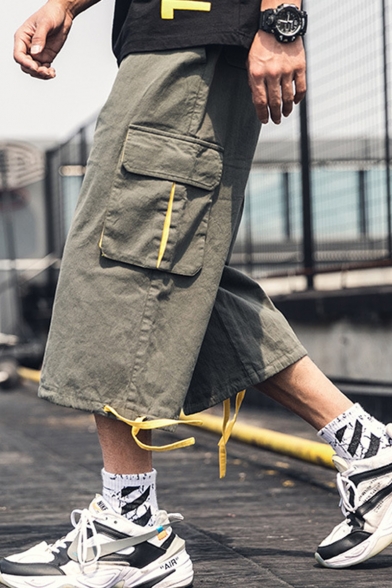 Men's Street Style Fashion Plain Flap Pocket Side Drawstring Cuffs Cropped Cargo Pants