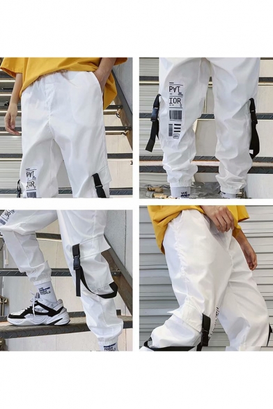 Men's Street Style Graphic Pattern Buckle Strap Flap Pocket Design Ribbon Embellished Hip Pop Casual Cargo Pants