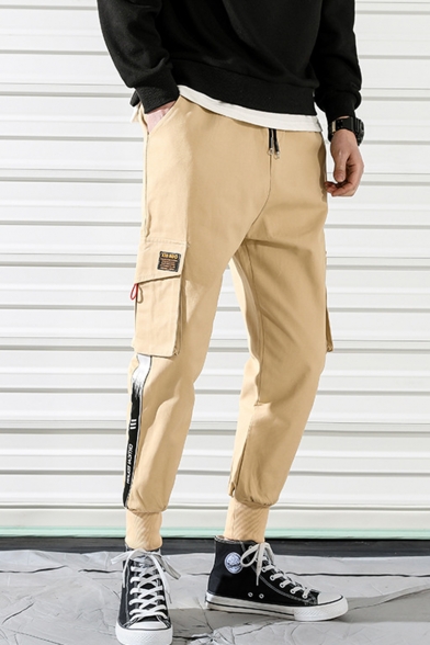 Men's Street Trendy Letter Printed Tape Side Drawstring Waist Casual Multi-pocket Cargo Pants