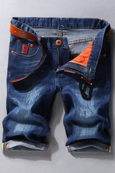 Men's Summer Fashion Classic Washed Rolled Cuffs Blue Zip-fly Ripped Denim Shorts