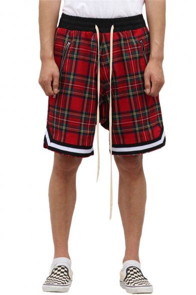 Men's Summer New Fashion Scottish style Retro Plaid Pattern Contrast Stripe Hem Drawstring Waist Zipped Pocket Casual Loose Active Shorts