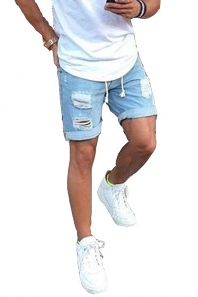 Men's Summer Popular Fashion Frayed Ripped Detail Rolled Cuffs Simple Plain Light Blue Denim Shorts