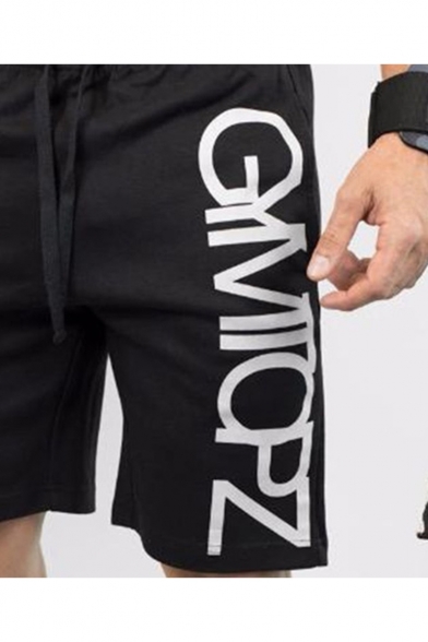 Men's Summer Simple Fashion Letter Printed Drawstring Waist Black Cotton Casual Sports Sweat Shorts