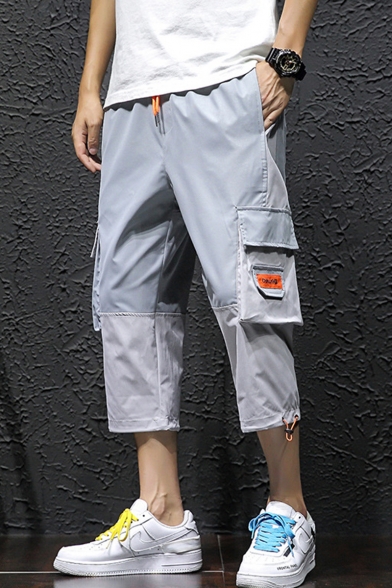 Men's Summer Trendy Colorblock Flap Pocket Side Drawstring Waist Casual Cropped Cargo Pants