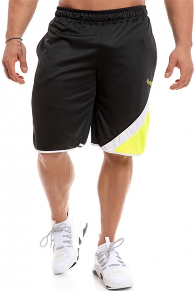 Men's Summer Trendy Colorblock Logo Embroidery Elastic Waist Mesh Cloth Quick-drying Beach Athletic Shorts