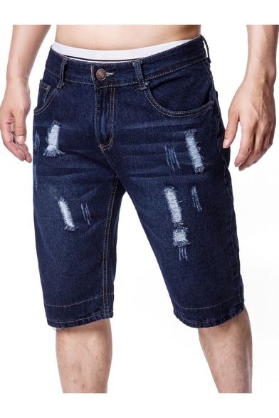 Men's Summer Trendy Dark Blue Ripped Zip-fly Denim Shorts
