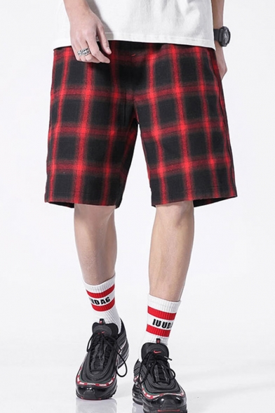 Men's Summer Trendy Plaid Pattern Drawstring Waist Casual Loose Sports Shorts