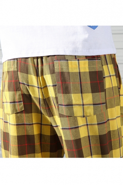 Men's Trendy Graphic Patchwork Plaid Pattern Drawstring Waist Casual Cotton Tapered Pants