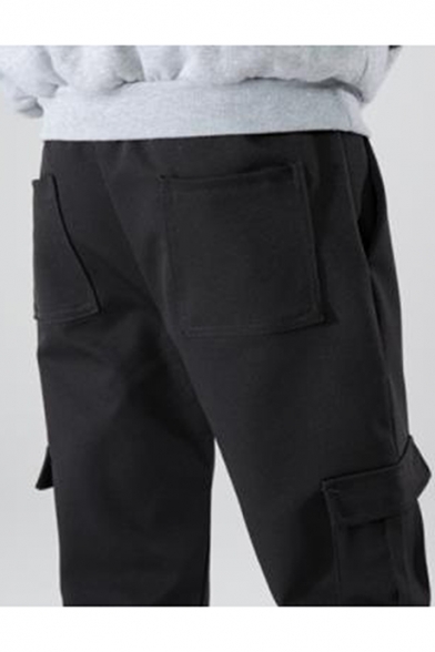 Men's Trendy Letter Printed Tape Side Ribbon Embellished Black Casual Cotton Cargo Pants