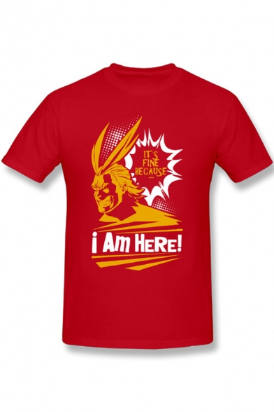 Mens Cool Comic Figure Letter I AM HERE Printed Short Sleeve Casual T-Shirt