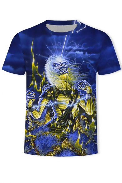 Mens Cool Heavy Metal Rock Style Skull Printed Round Neck Short Sleeve Blue T-Shirt