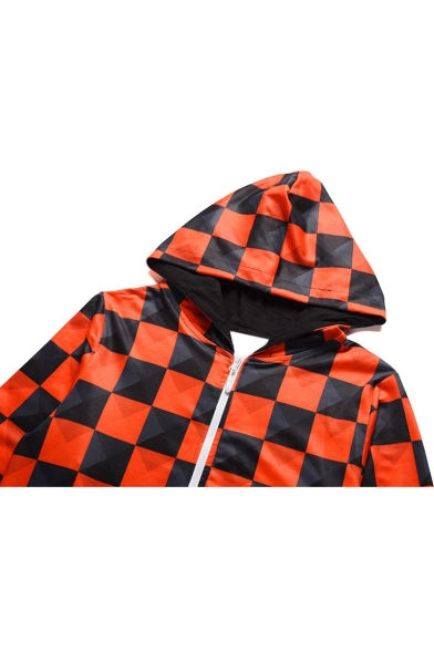 Mens New Stylish Black and Red Colorblock Plaid Printed Long Sleeve Hooded Zip Up One Piece Sleepwear Lounge Jumpsuits