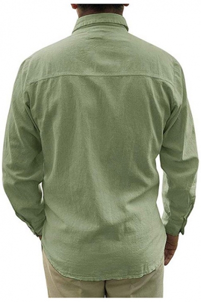 Mens Simple Plain Trendy Casual Loose Long Sleeve Button Down Linen Shirt