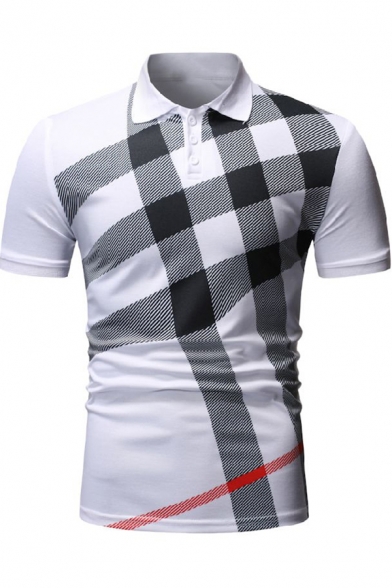 Mens Summer New Trendy Check Plaid Printed Slim Short Sleeve Polo Shirt