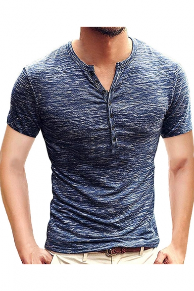 Mens Trendy Heather Color Button V-Neck Short Sleeve Slim Fitted Henley Shirt